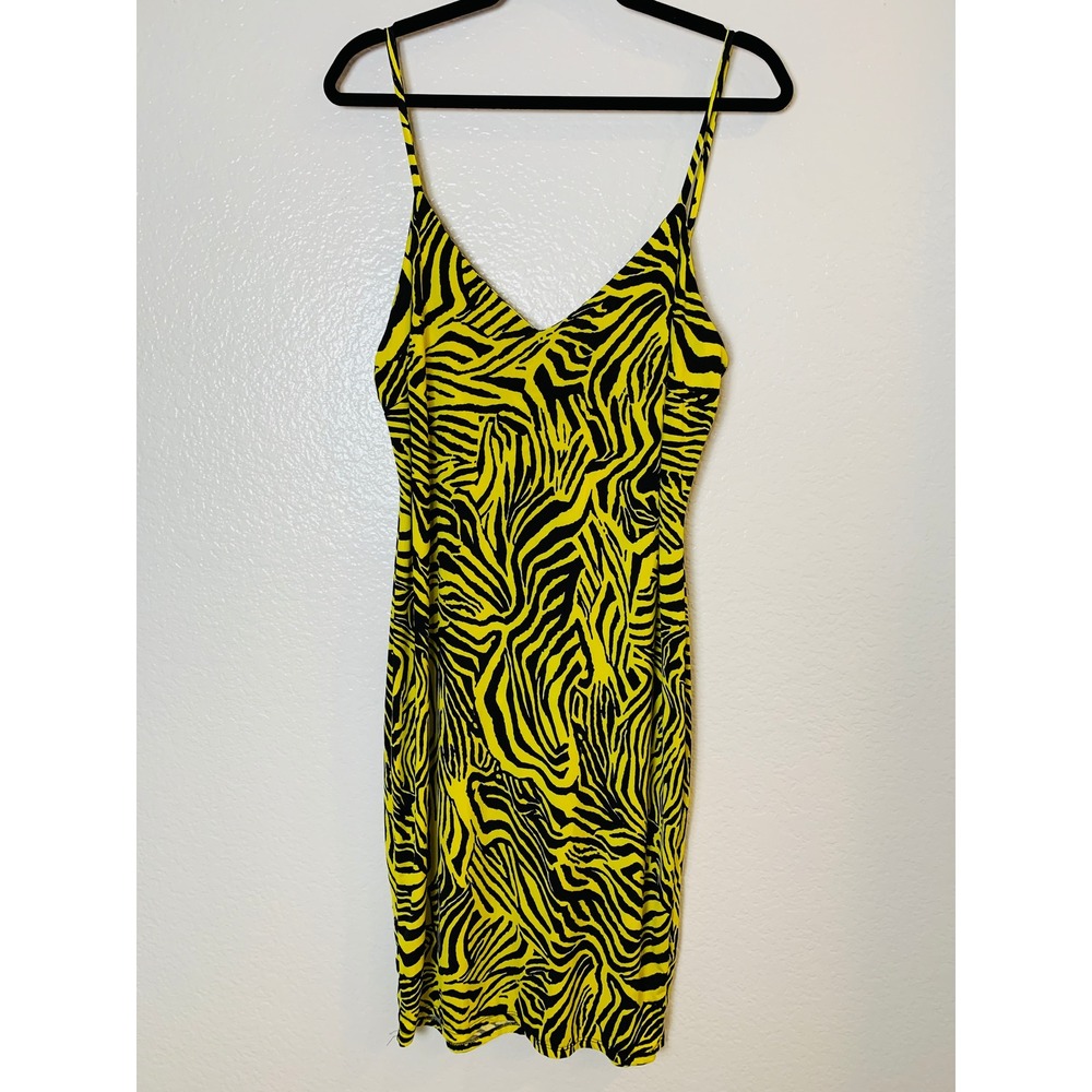 Bodycon Dress Women Medium Yellow Zebra Animal Print Y2K Clubwear Mini 80's Vibe